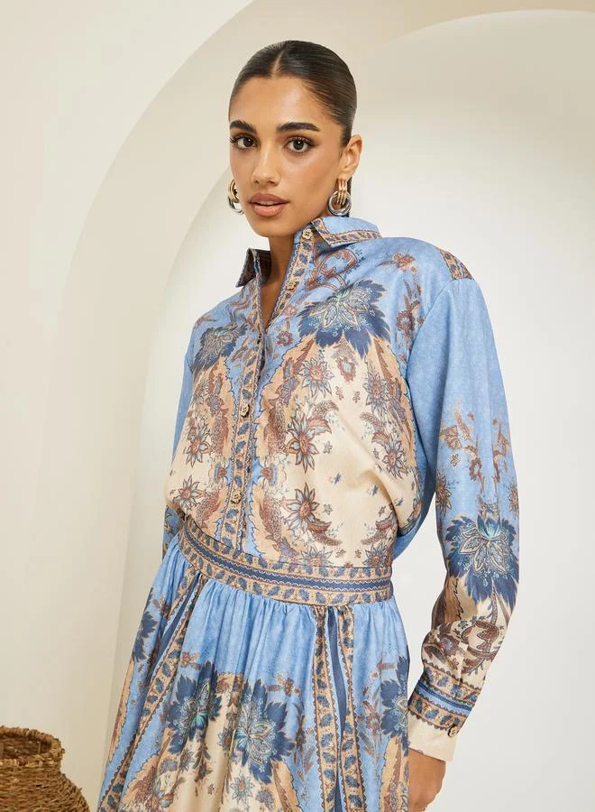 ستايلي طقم منسق من تنورة طويلة وبلوزة مطبعة بأزرار غلق